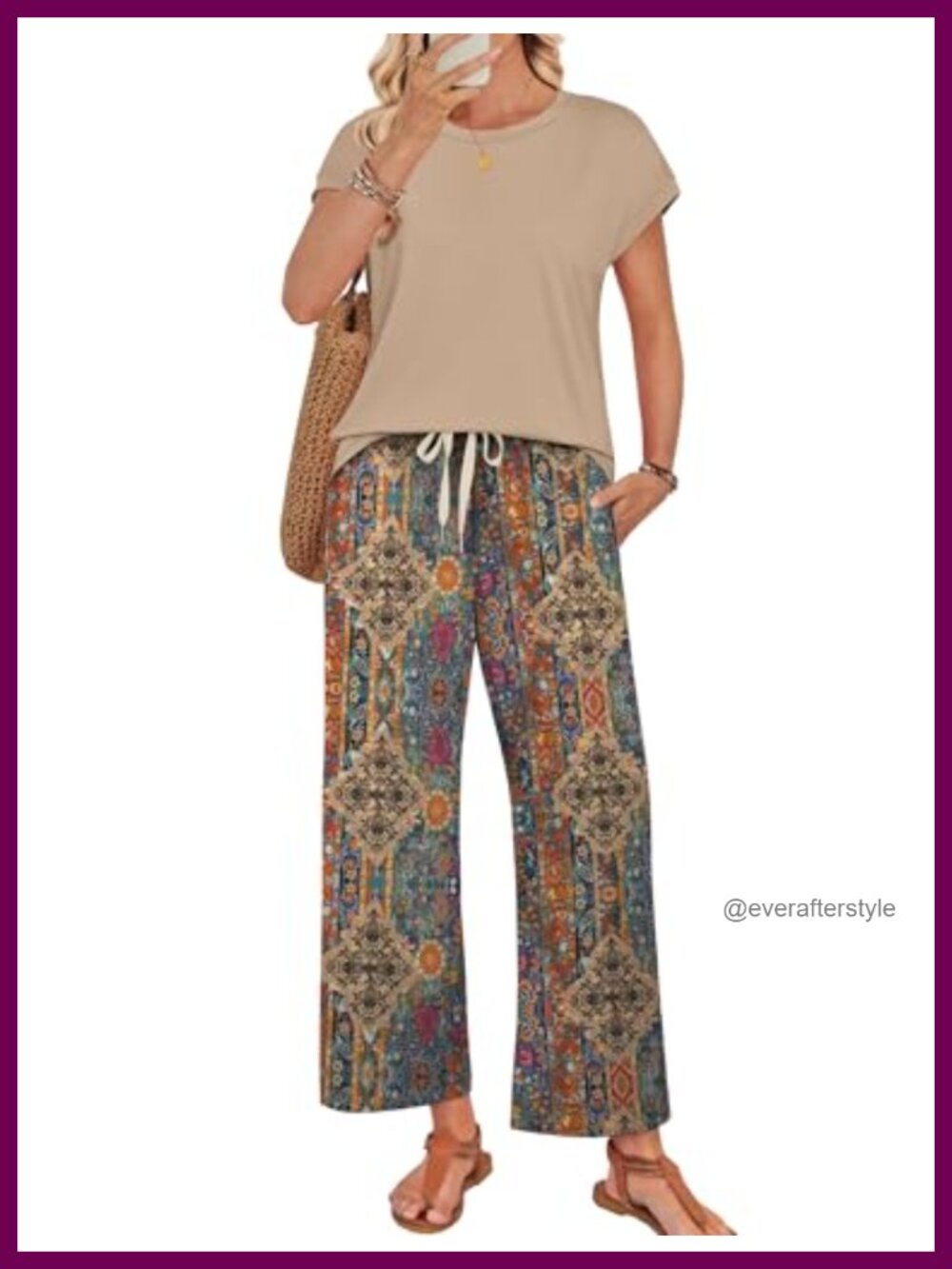 Women's Two Piece Lounge Set Cap Sleeve Top Wide Leg Pants Travel